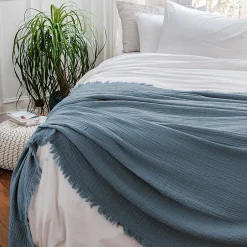 Linnea Dessus de lit 230x250 cm BREHAT 100% gaze de coton bleu orage