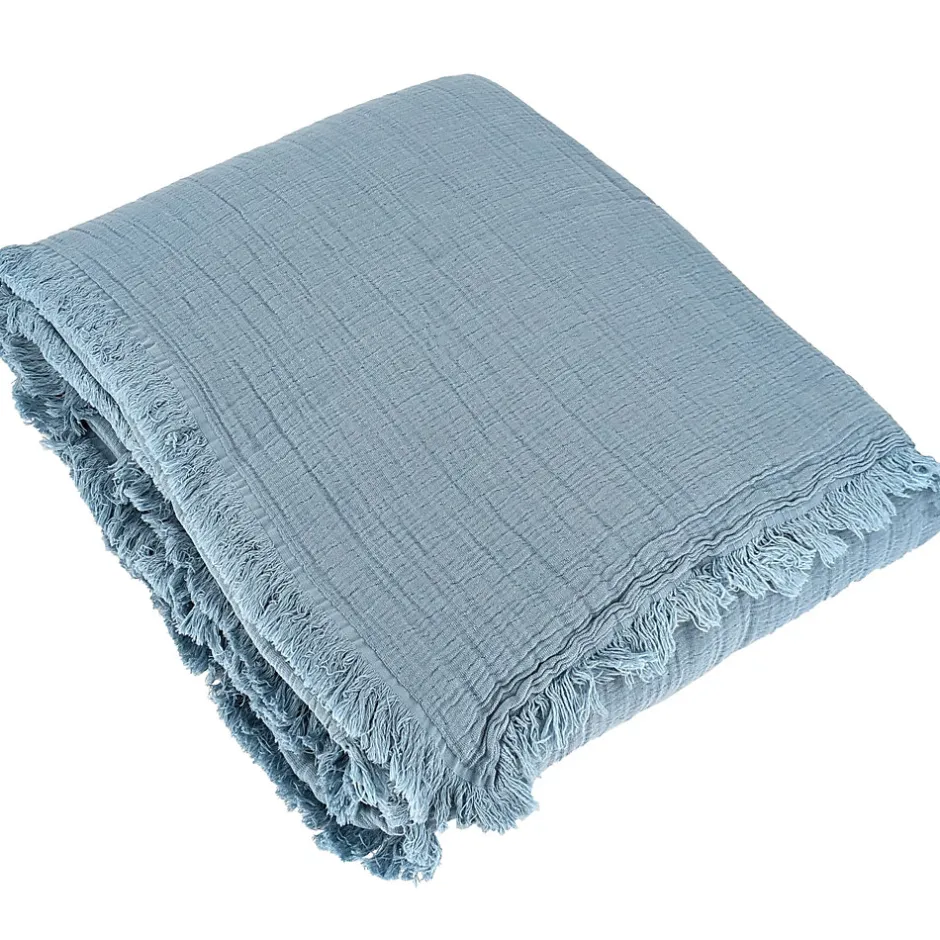 Linnea Dessus de lit 230x250 cm BREHAT 100% gaze de coton bleu orage