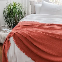 Linnea Dessus de lit 180x250 cm BREHAT 100% gaze de coton orange corail New