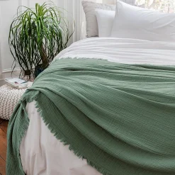 Linnea Dessus de lit 180x250 cm BREHAT 100% gaze de coton vert lichen