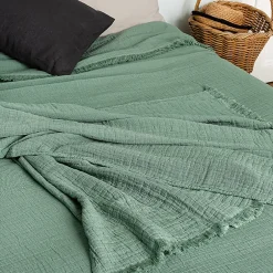 Linnea Dessus de lit 180x250 cm BREHAT 100% gaze de coton vert lichen