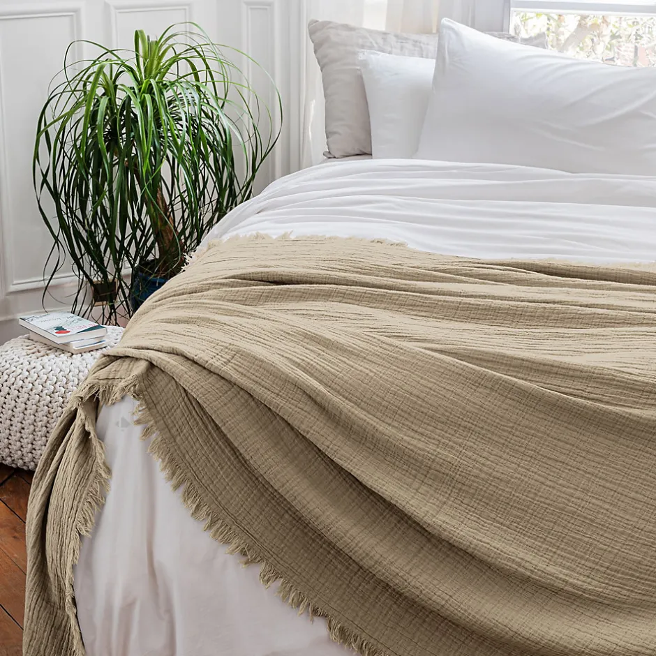 Linnea Dessus de lit 230x250 cm BREHAT 100% gaze de coton marron galet