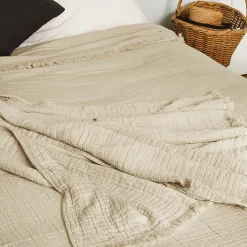 Linnea Dessus de lit 230x250 cm BREHAT 100% gaze de coton marron galet