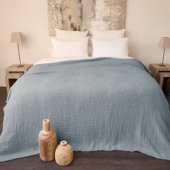 Linnea Dessus de lit 180x250 cm en coton lavé SEVILLE bleu abysse