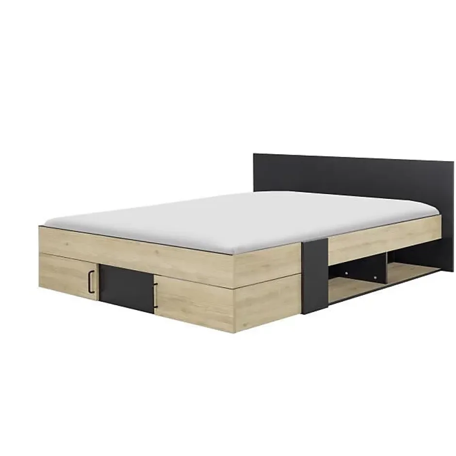 Diagone Lit adulte avec tiroirs de rangement - Chataignier et noir - 160 x 200 - SWIVEL New