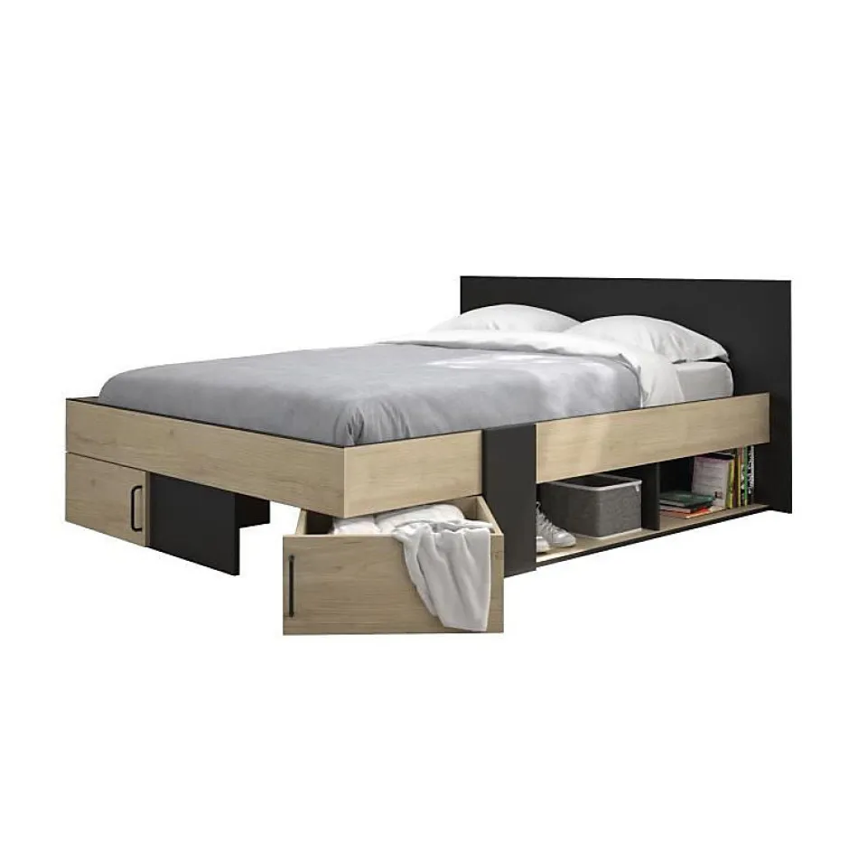 Diagone Lit adulte avec tiroirs de rangement - Chataignier et noir - 160 x 200 - SWIVEL New