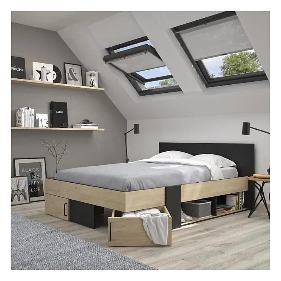Diagone Lit adulte avec tiroirs de rangement - Chataignier et noir - 160 x 200 - SWIVEL New
