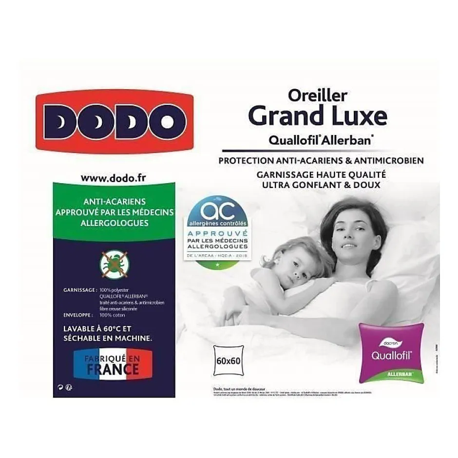 Dodo Oreiller Grand luxe Quallofil Allerban - 60 x 60 cm - Blanc