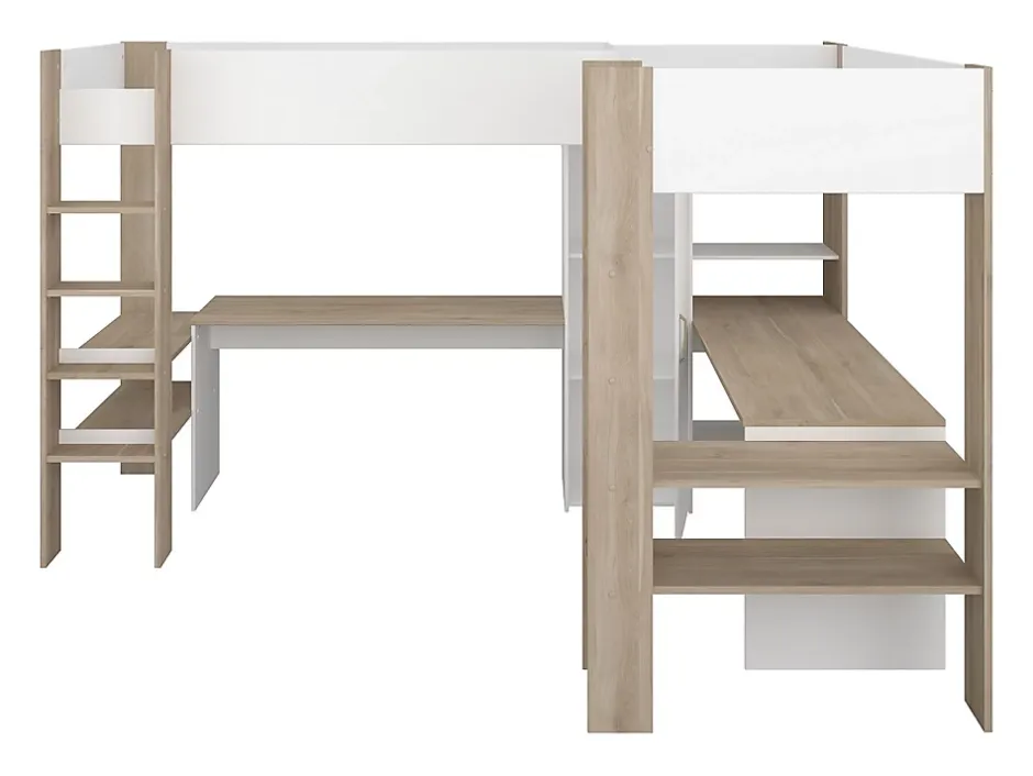 Vente-unique Double lit mezzanine d'angle 2 x 90 x 200 cm - Avec rangements et bureaux - Blanc et naturel - LASCANO Clearance