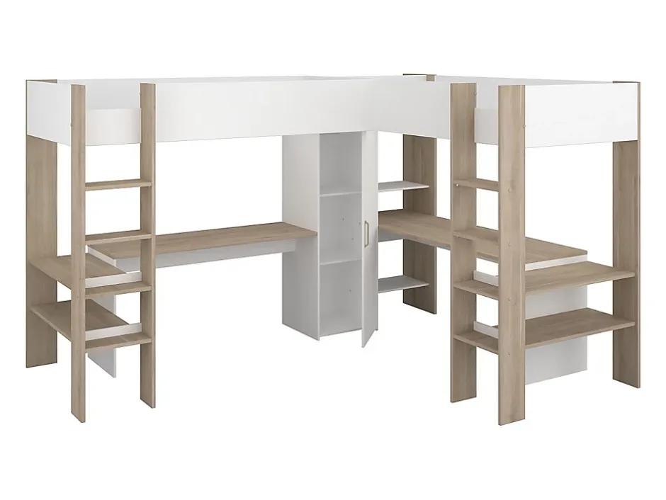Vente-unique Double lit mezzanine d'angle 2 x 90 x 200 cm - Avec rangements et bureaux - Blanc et naturel - LASCANO Clearance