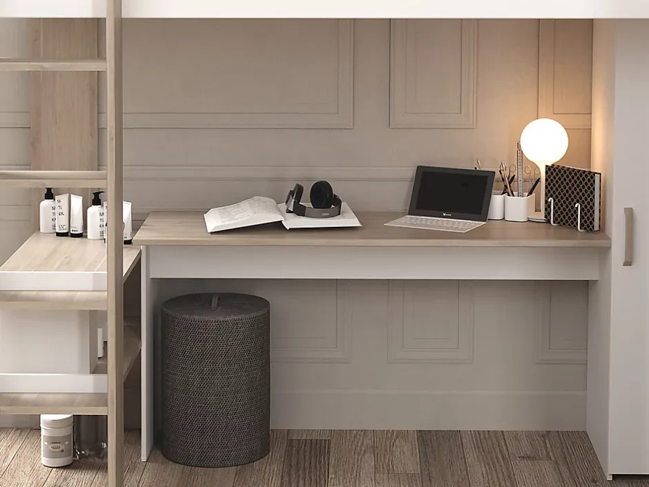 Vente-unique Double lit mezzanine d'angle 2 x 90 x 200 cm - Avec rangements et bureaux - Blanc et naturel - LASCANO Clearance