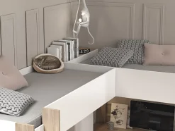 Vente-unique Double lit mezzanine d'angle 2 x 90 x 200 cm - Avec rangements et bureaux - Blanc et naturel - LASCANO Clearance