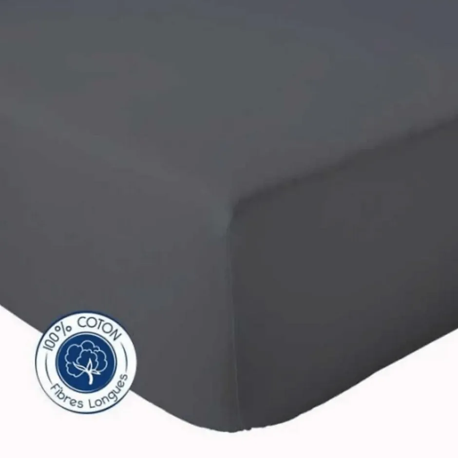 Tradilinge Drap Housse coton bonnet 23 cm fabriqué en France (160x190 cm - Gris Foncé)