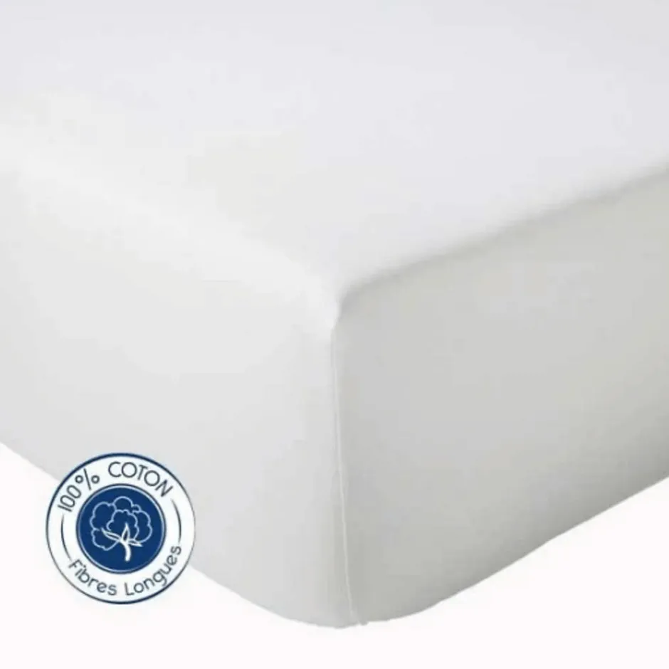 Tradilinge Drap Housse coton bonnet 23 cm fabriqué en France (180x190 cm - Blanc)