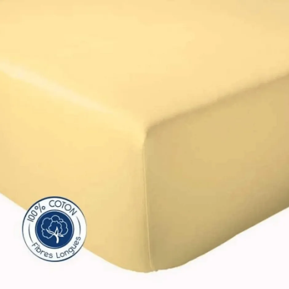 Tradilinge Drap Housse coton bonnet 23 cm fabriqué en France (180x190 cm - Jaune)