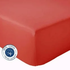 Tradilinge Drap Housse coton bonnet 23 cm fabriqué en France (180x190 cm - Rouge Orangé)