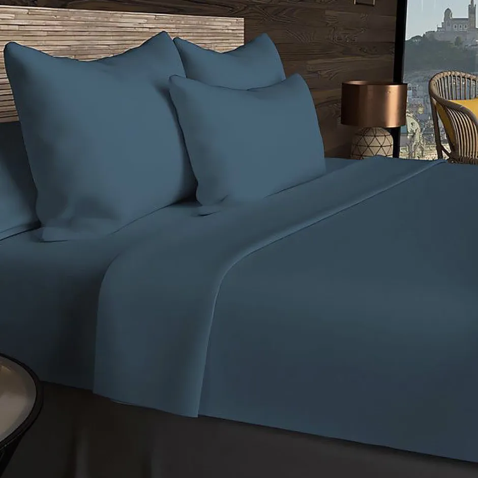 Soleil D'Ocre Drap housse en coton 57 fils 140x190 cm UNI bleu canard, par Discount