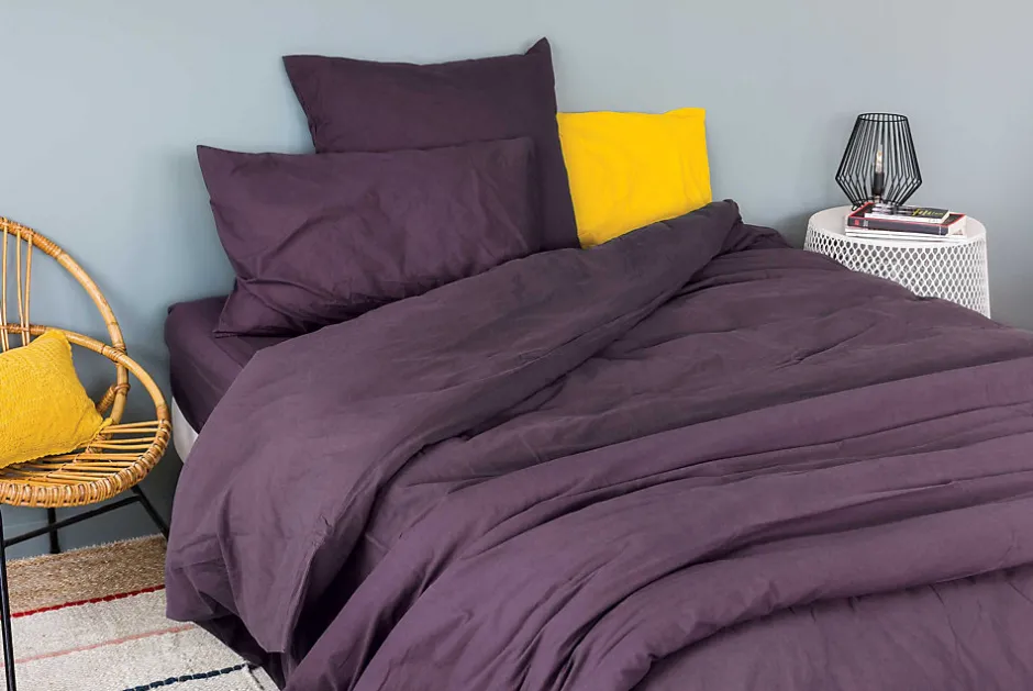 Toison d'Or Drap housse en coton Lavé (80x200 cm - Violet parme)
