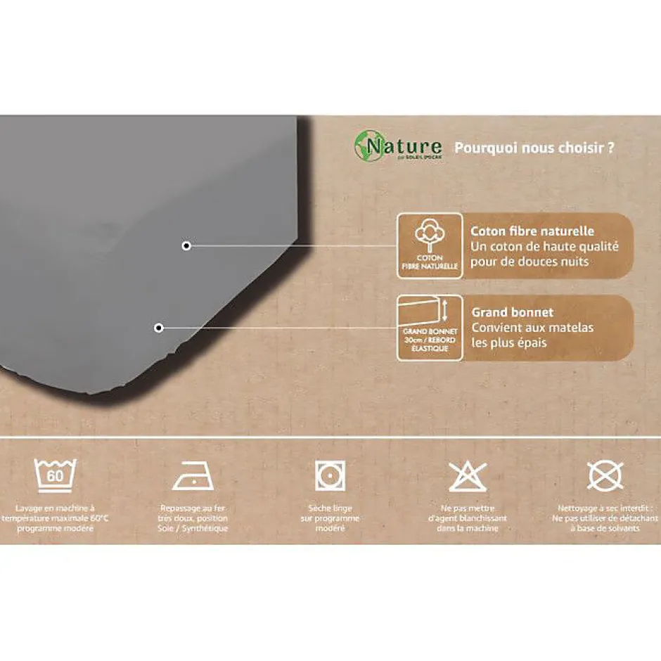 Soleil D'Ocre Drap housse en coton 160x200 cm PERCALE gris, par