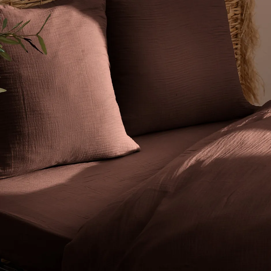 Atmosphera Créateur D'Intérieur Drap housse Flora gaze de coton marron 140x190cm - Atmosphera