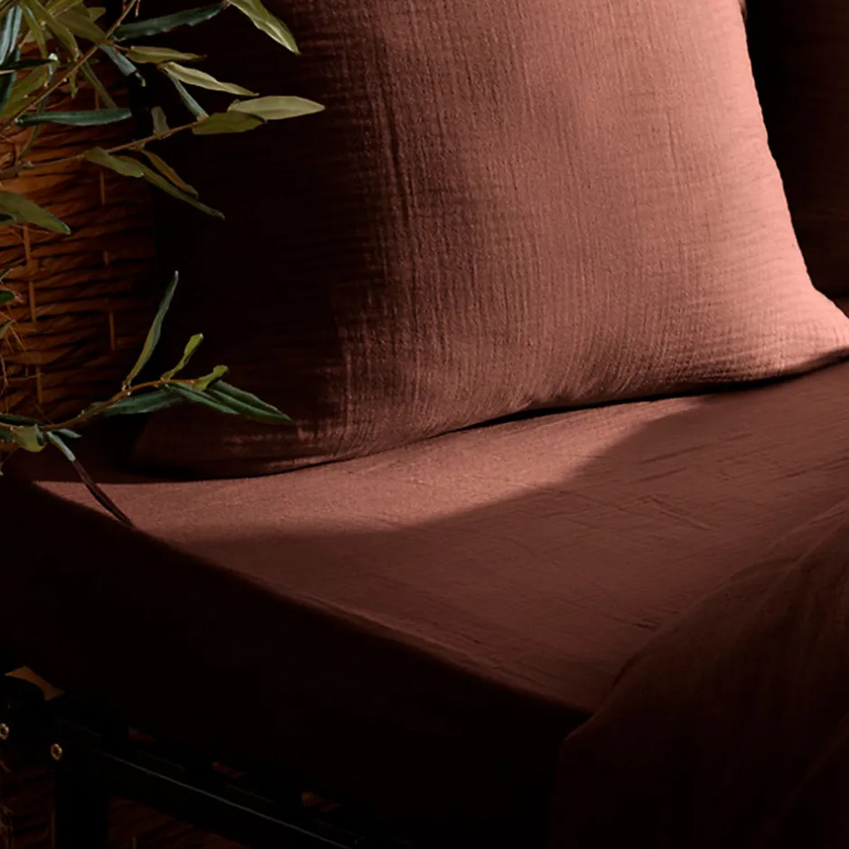 Atmosphera Créateur D'Intérieur Drap housse Flora gaze de coton marron 160x200cm - Atmosphera