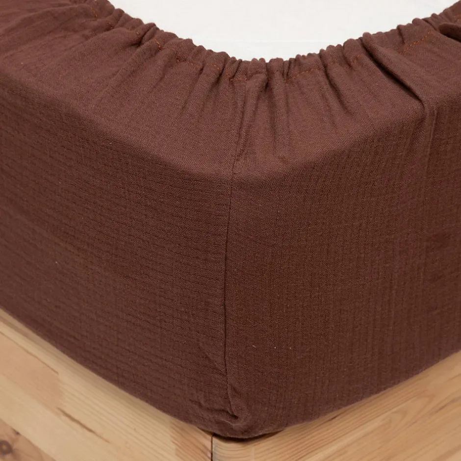 Atmosphera Créateur D'Intérieur Drap housse Flora gaze de coton marron 160x200cm - Atmosphera