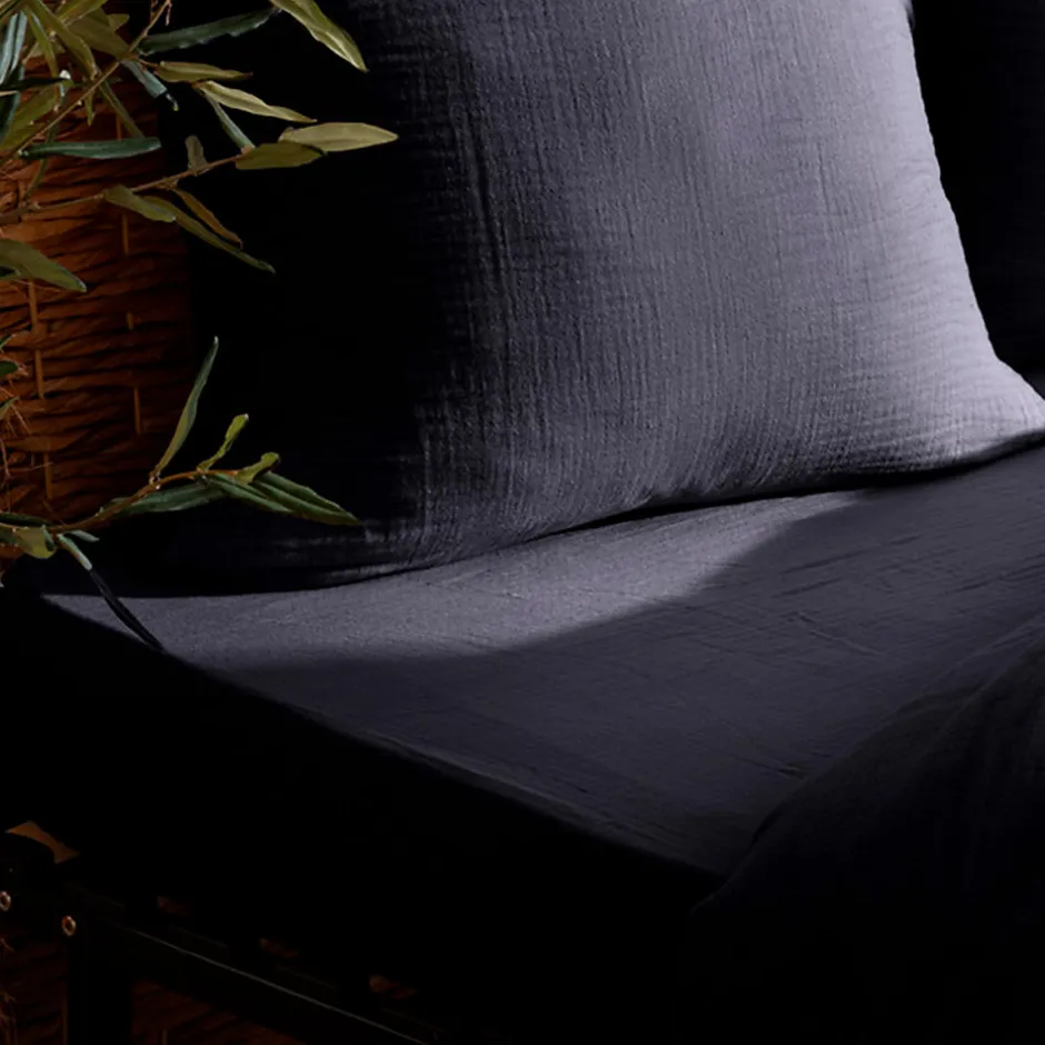 Atmosphera Créateur D'Intérieur Drap housse Flora gaze de coton bleu 160x200cm - Atmosphera