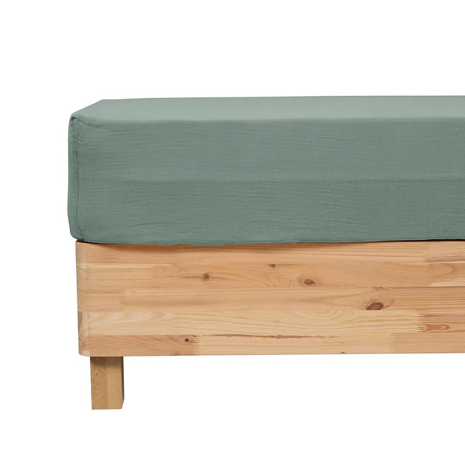Atmosphera Créateur D'Intérieur Drap housse Flora gaze de coton vert céladon 160x200cm - Atmosphera