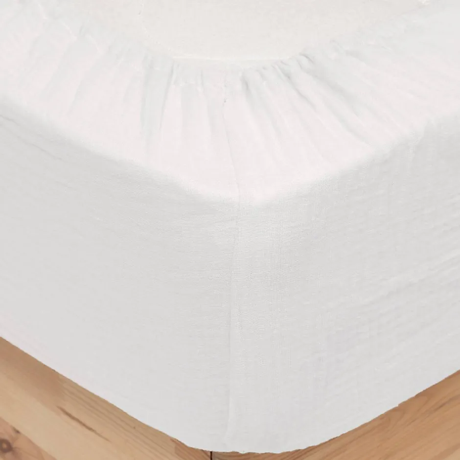 Atmosphera Créateur D'Intérieur Drap housse Flora gaze de coton blanc 140x190cm - Atmosphera