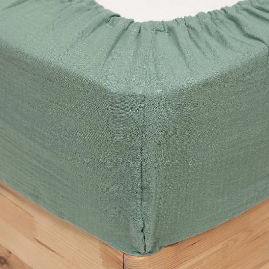 Atmosphera Créateur D'Intérieur Drap housse Flora gaze de coton vert céladon 140x190cm - Atmosphera