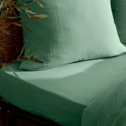 Atmosphera Créateur D'Intérieur Drap housse Flora gaze de coton vert céladon 140x190cm - Atmosphera