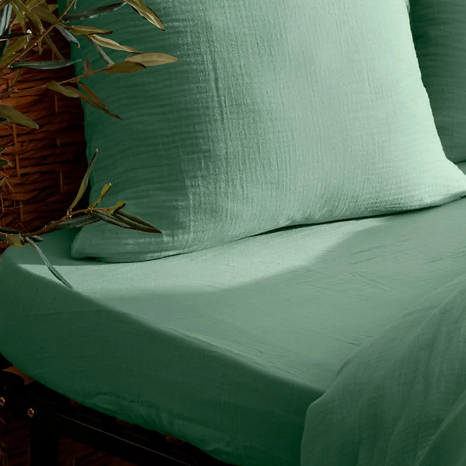 Atmosphera Créateur D'Intérieur Drap housse Flora gaze de coton vert céladon 140x190cm - Atmosphera