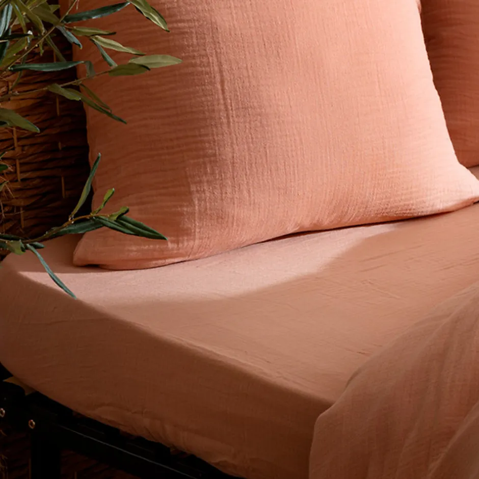 Atmosphera Créateur D'Intérieur Drap housse Flora gaze de coton rose 140x190cm - Atmosphera