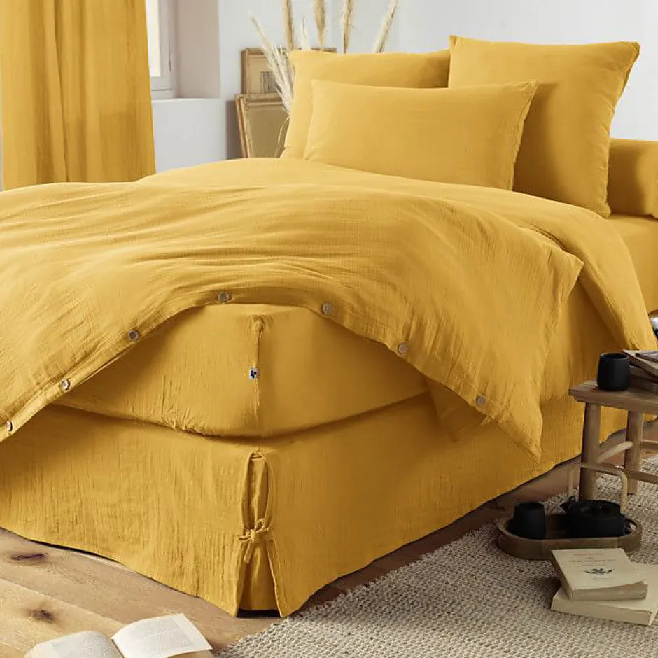 L'Effet Papillon Drap housse "Gaïa" toutes dimensions "Gaze de Coton" - Gaïa Safran - 180 x 200 cm bonnet de 30 cm Discount