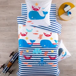 Linnea Drap housse imprimé 90x190 cm coton biologique OCTOPUSSE à rayures Bleu et Blanc Bonnet 25 cm Clearance