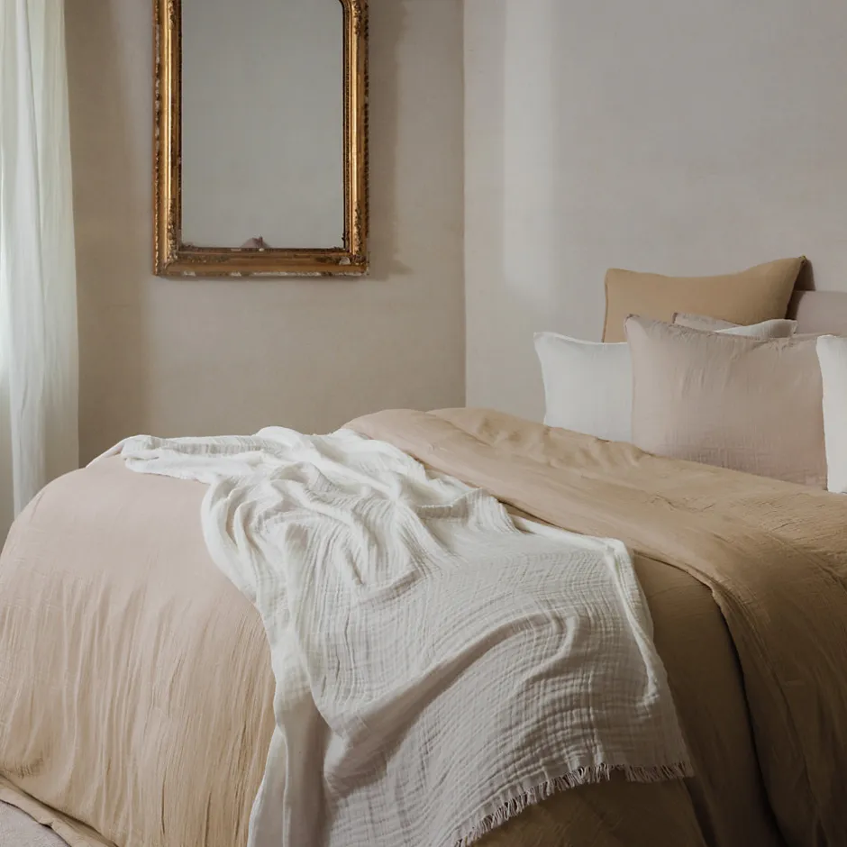 Linnea Drap housse MILOS mousseline de coton 140x200 cm bonnet 30 cm uni marron camel