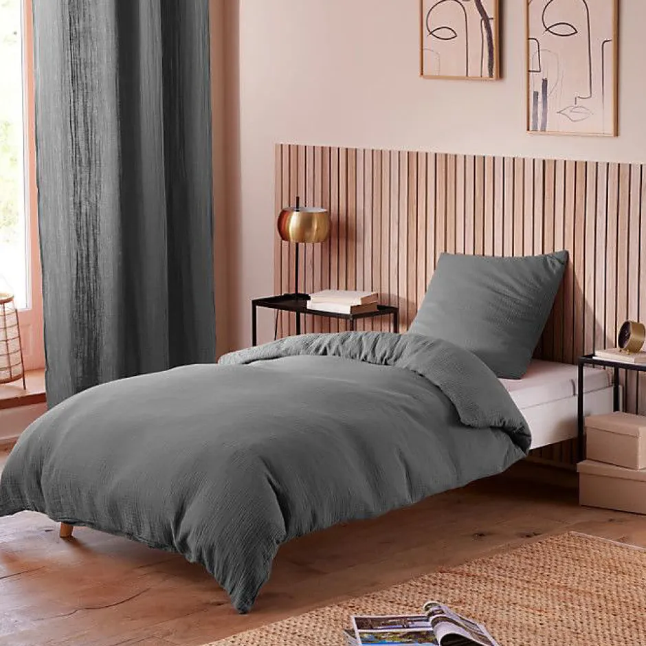 Coton Pur Drap housse "Noah" toutes dimensions "Gaze de Coton" - Noah Ardoise - 90 x 190 cm bonnet de 30 cm