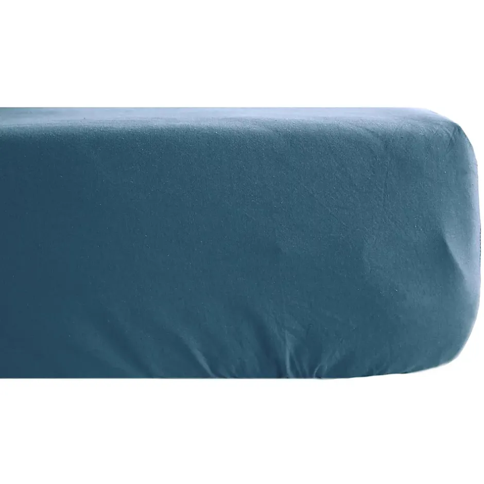 Linnea Drap housse PALACE pur coton lavé 180x200 cm bonnet 35 cm uni bleu marine Sale