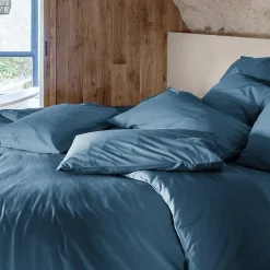 Linnea Drap housse PALACE pur coton lavé 180x200 cm bonnet 35 cm uni bleu marine Sale