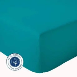 Tradilinge Drap Housse Uni bonnet 30 cm 100% Coton (180x190 cm - Bleu Paon)