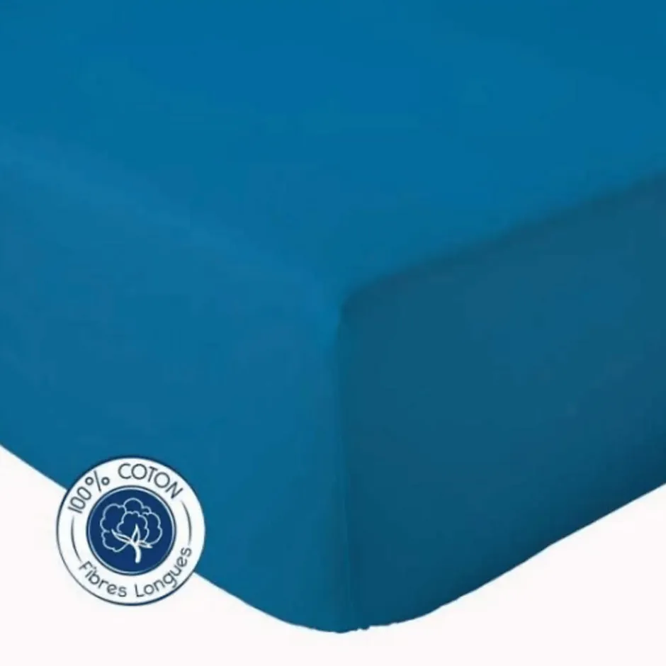 Tradilinge Drap Housse Uni bonnet 30 cm 100% Coton (180x190 cm - Bleu Encre)