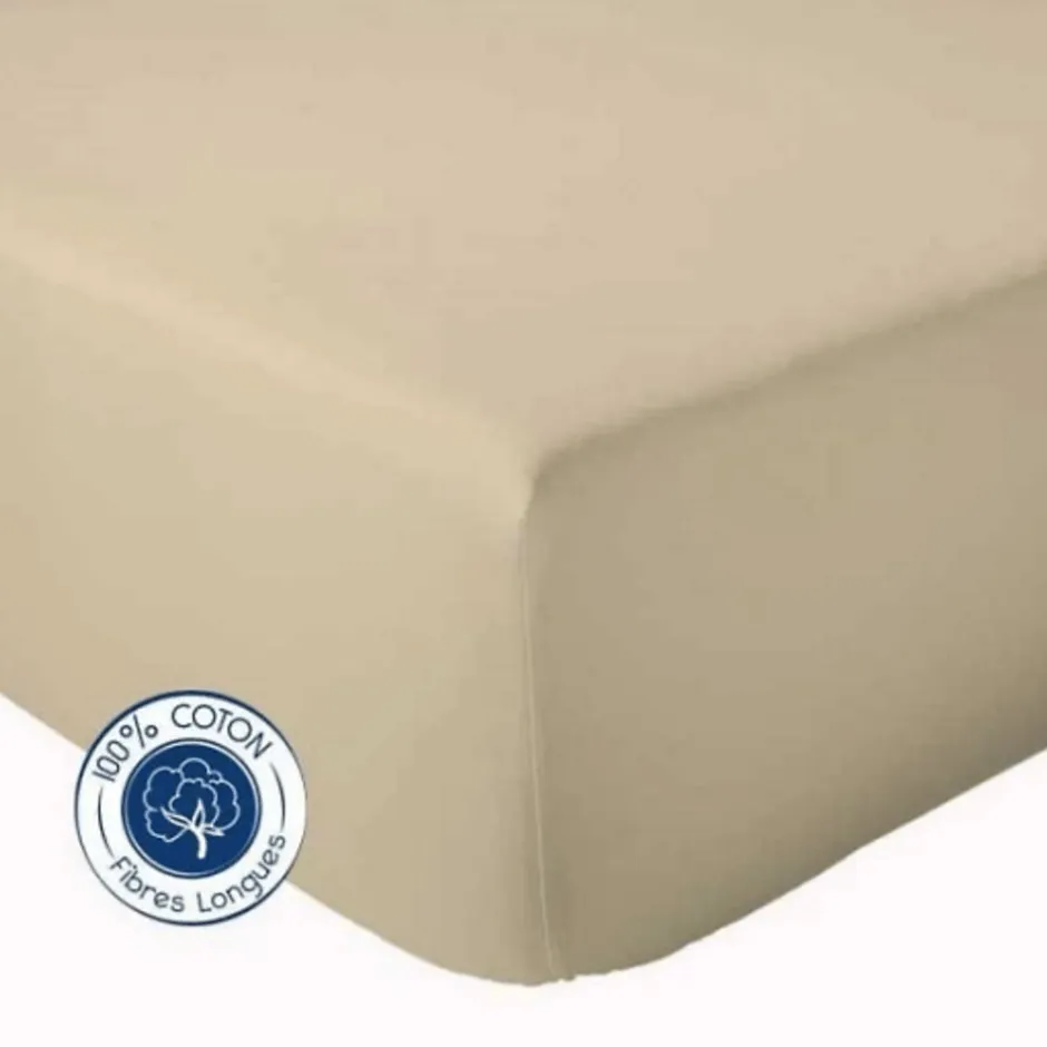 Tradilinge Drap Housse Uni bonnet 30 cm 100% Coton (160x190 cm - Beige foncé)