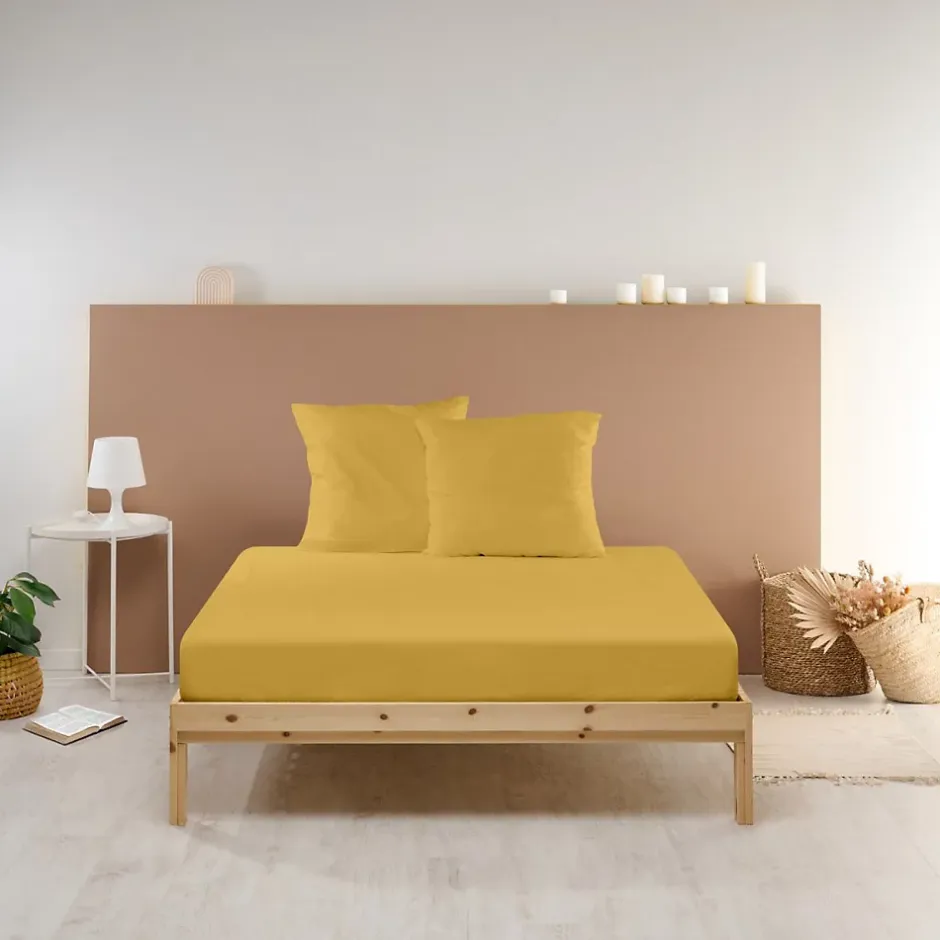 Bleu Calin Drap Housse uni 90x190cm PERCALE MOUTARDE Best