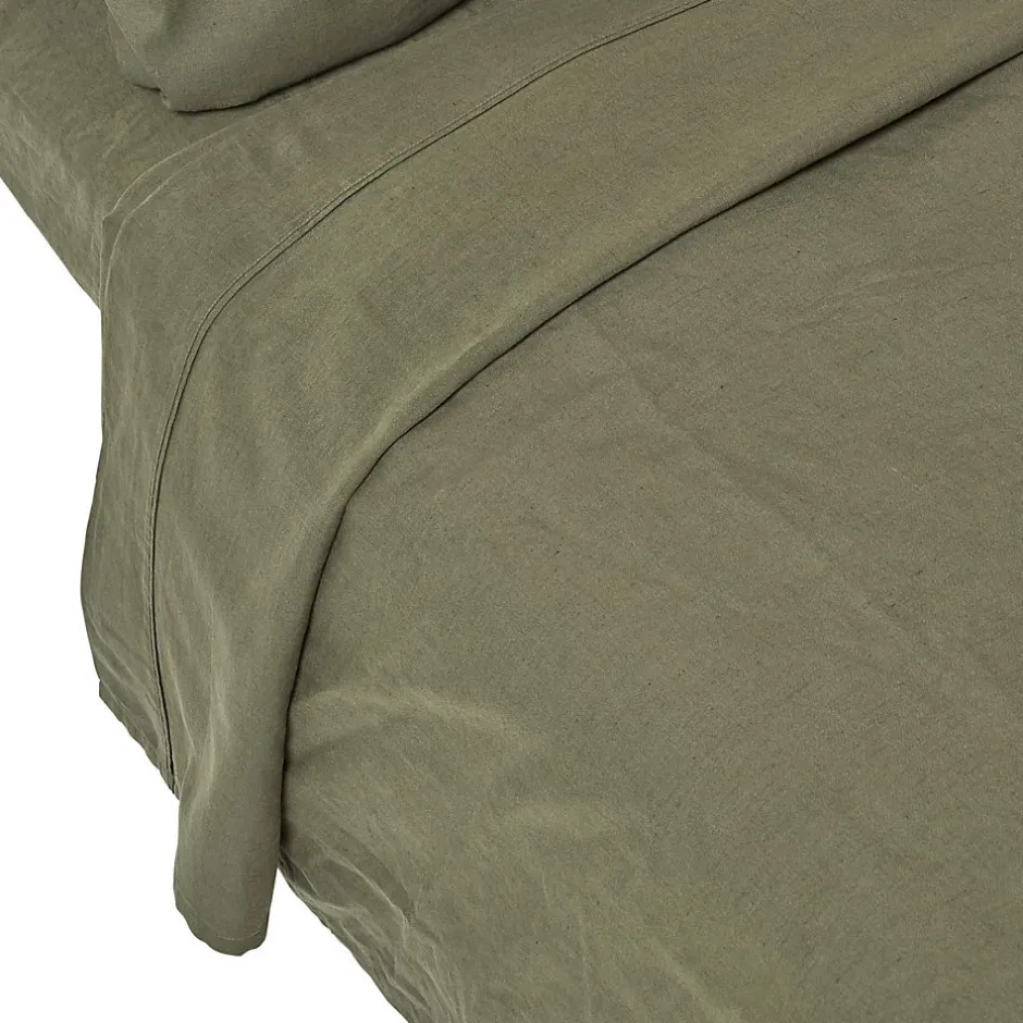 Homescapes Drap plat en lin lavé vert mousse, 240x275 cm -