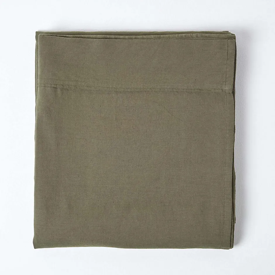 Homescapes Drap plat en lin lavé vert mousse, 275x275 cm -
