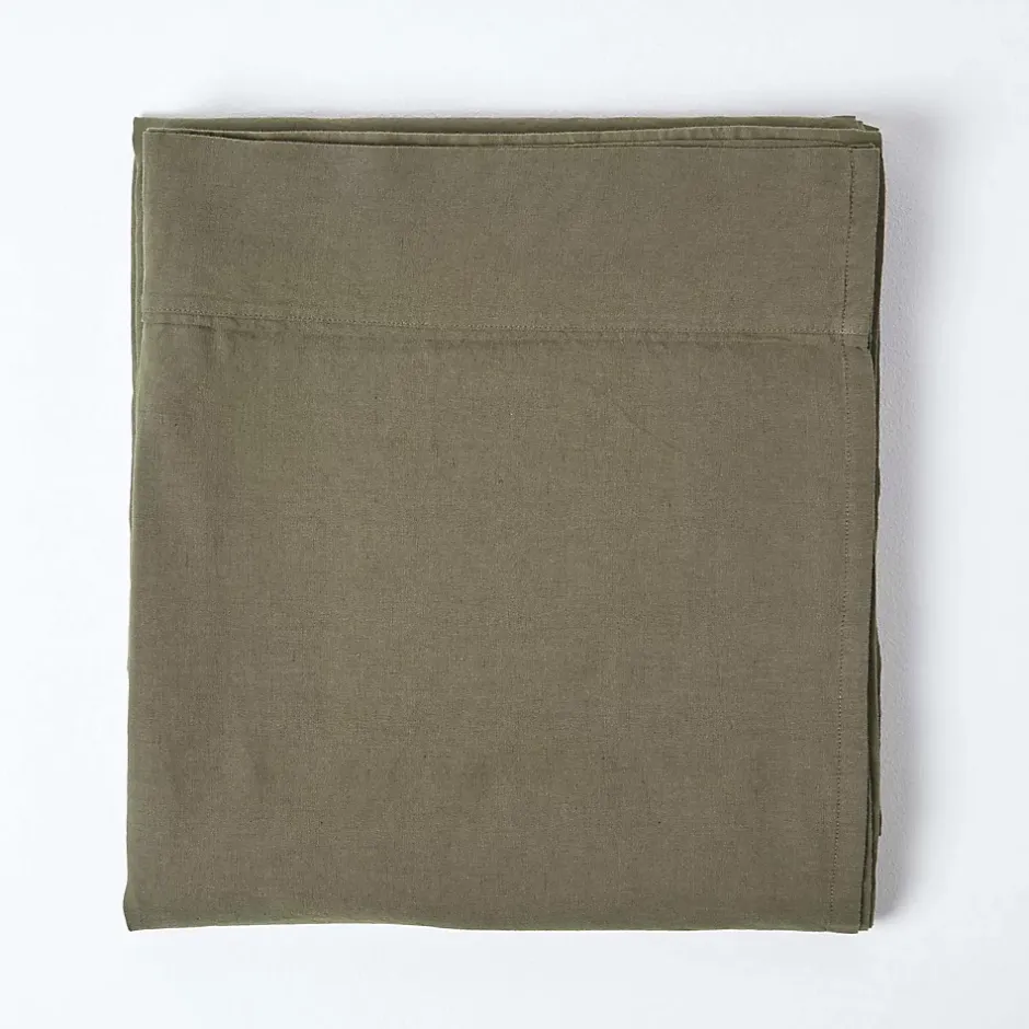 Homescapes Drap plat en lin lavé vert mousse, 180x290 cm - New