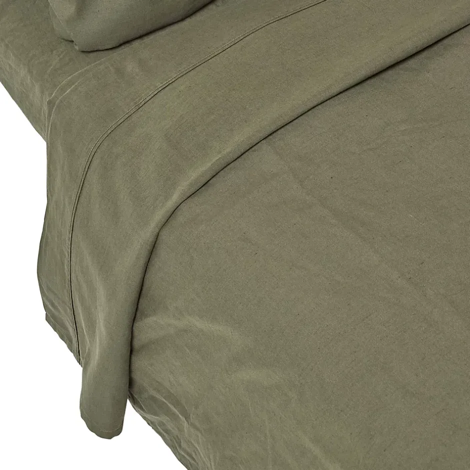 Homescapes Drap plat en lin lavé vert mousse, 180x290 cm - New