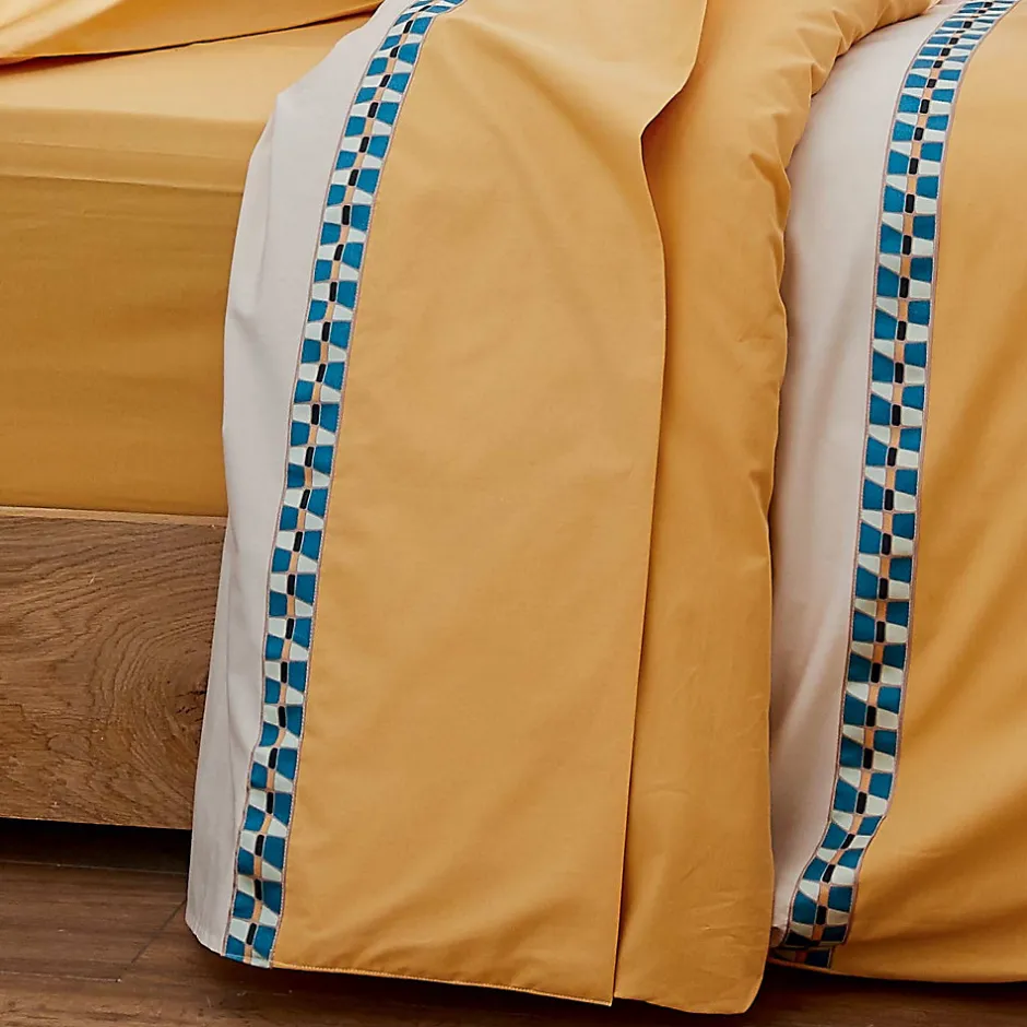 Tradilinge Drap plat en percale avec galon géométrique (180x290 cm - Jaune)