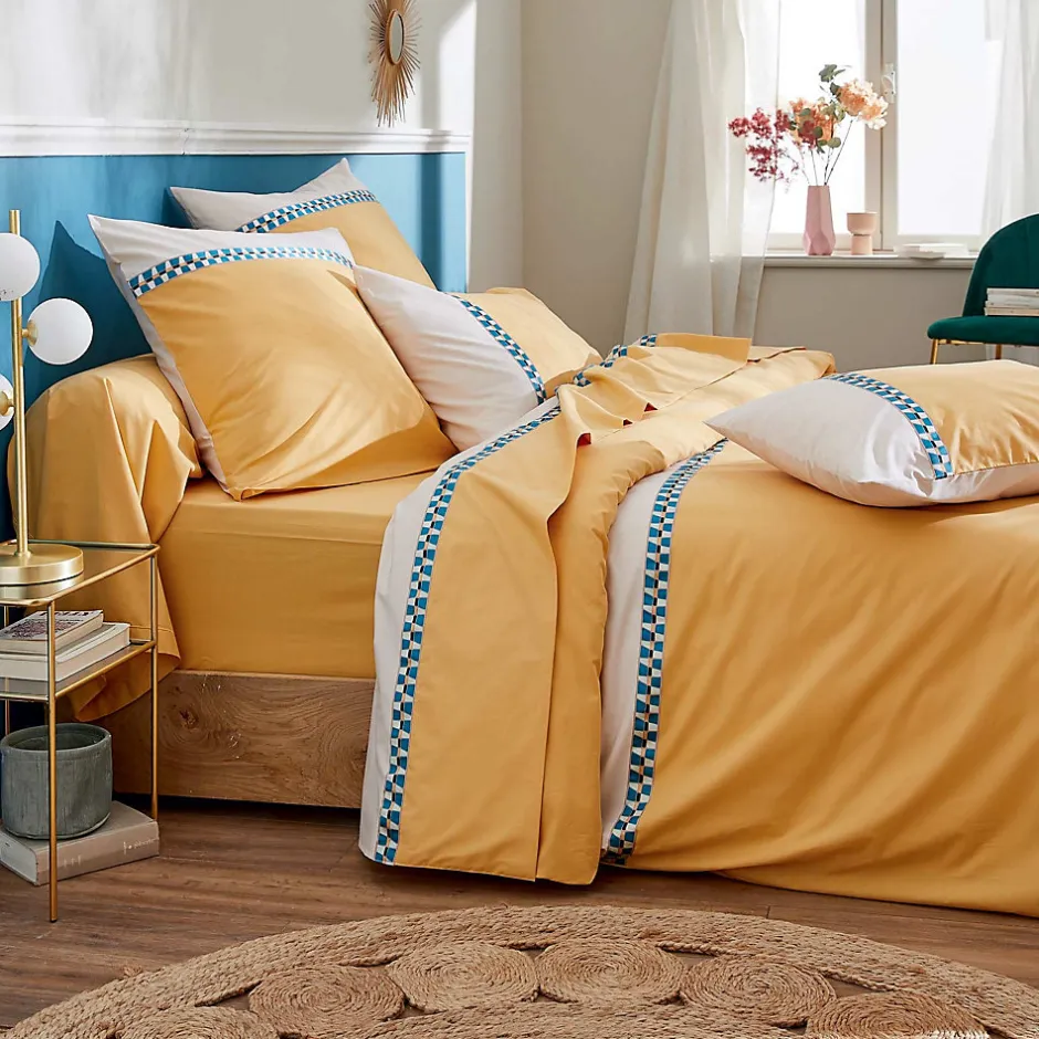 Tradilinge Drap plat en percale avec galon géométrique (180x290 cm - Jaune)