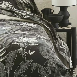 Tradilinge Drap plat en satin aux feuilles tropicales (240x310 cm - Gris anthracite) Clearance
